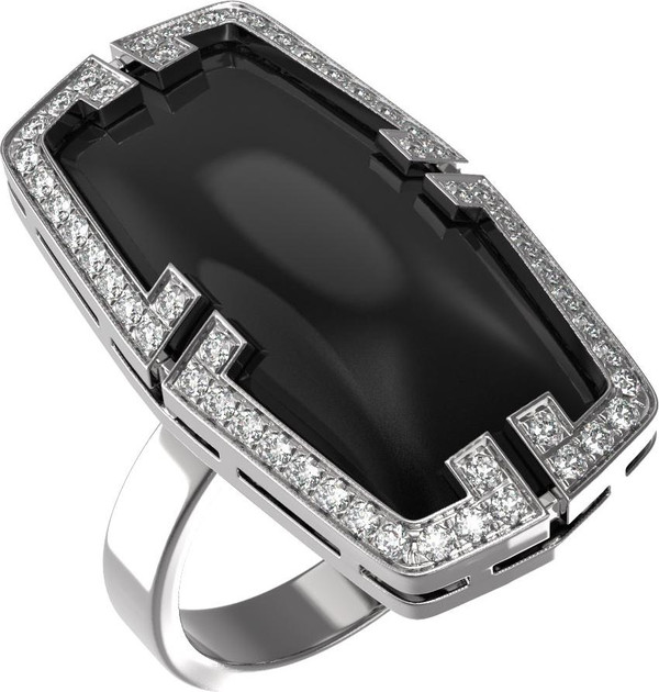 Кольцо из белого золота c бриллиантами, рубином и ониксом