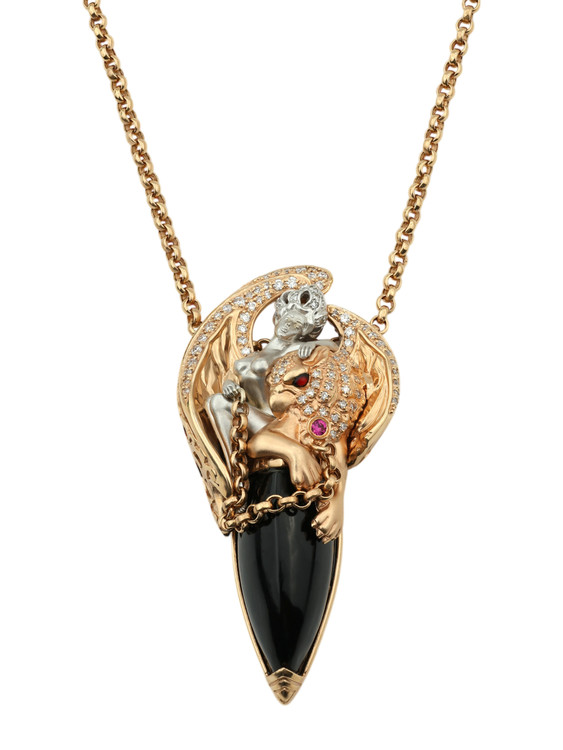 Колье из золота c эмаль , бриллиантами, рубином и ониксом