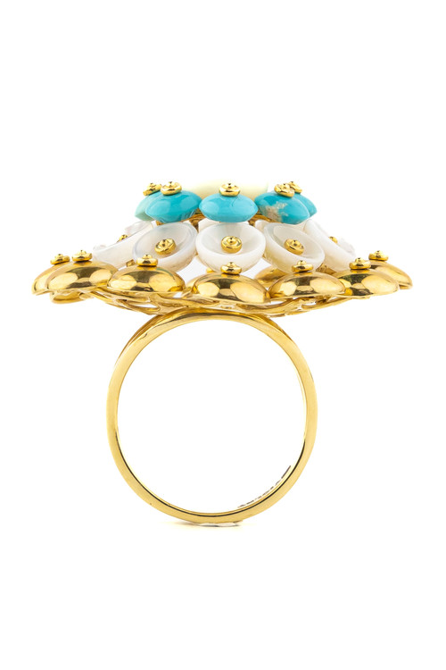 Кольцо из лимонного золота c бирюзой и перламутром