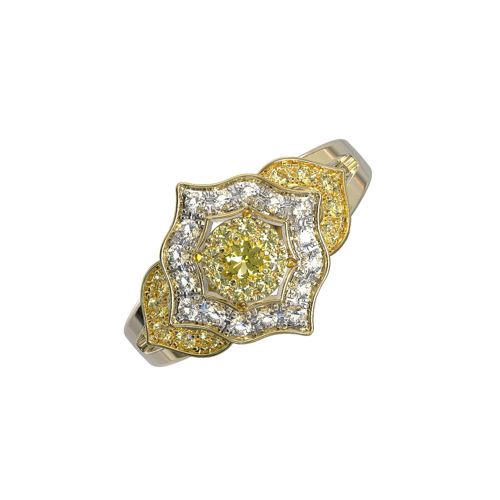 Кольцо из лимонного золота c бриллиантами и сапфиром