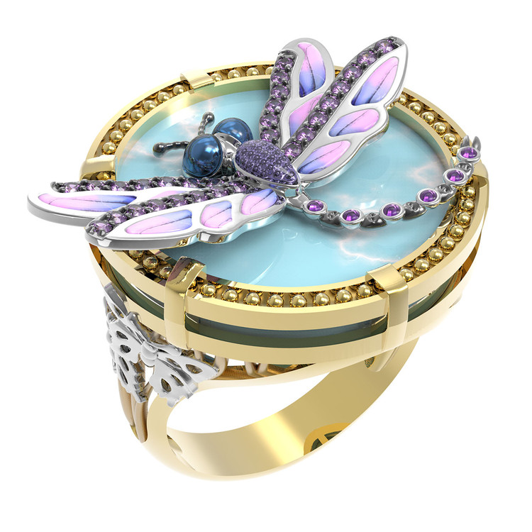 Кольцо из лимонного золота c бирюзой, аметистом и эмалью