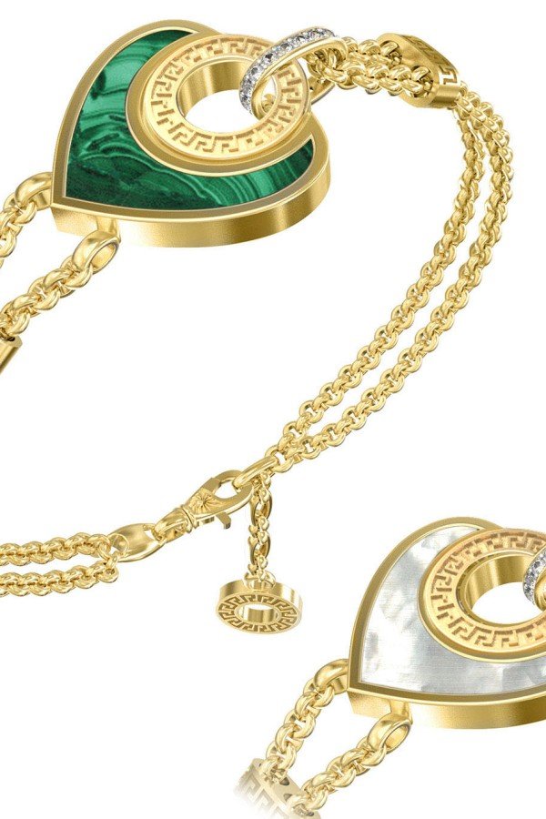 Браслет из лимонного золота c фианитом, малахитом и перламутром