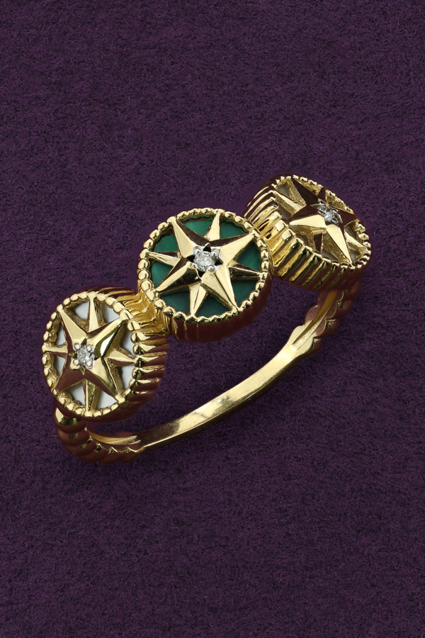 Кольцо из лимонного золота c бриллиантами, малахитом и перламутром