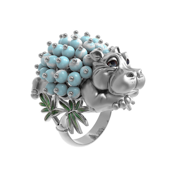 Кольцо из белого золота c эмаль и бирюзой