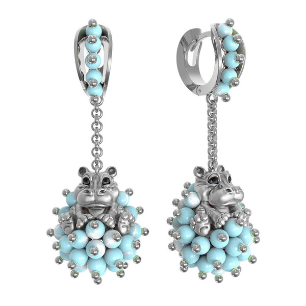 Серьги из белого золота c эмаль и бирюзой