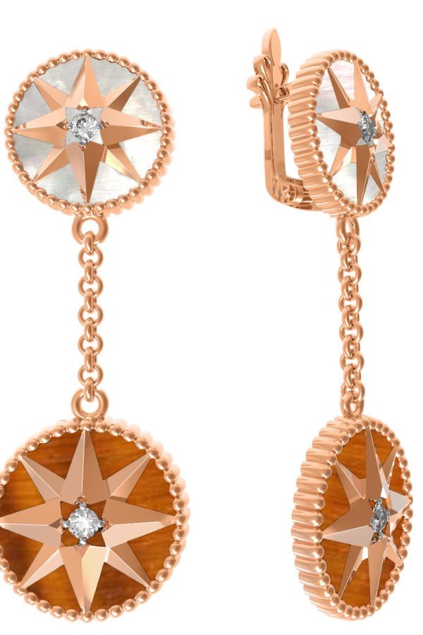 Серьги из золота c фианитом, тигровым глазом и перламутром