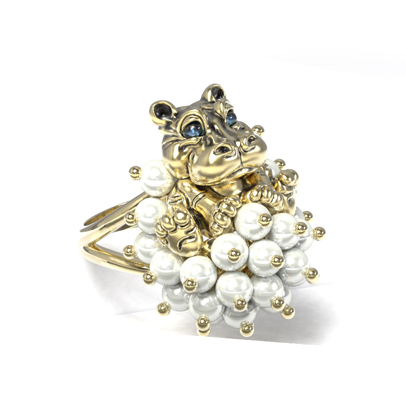 Кольцо из лимонного золота c эмаль и жемчугом