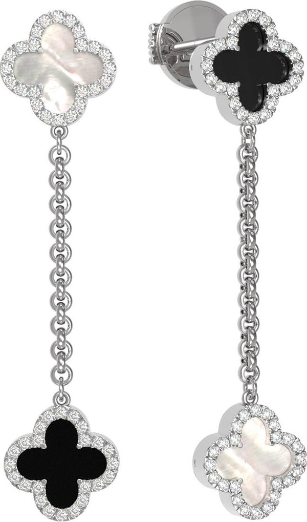 Серьги из белого золота c бриллиантами, ониксом и перламутром