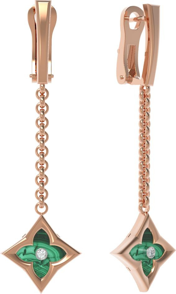 Серьги из золота c бриллиантами и малахитом