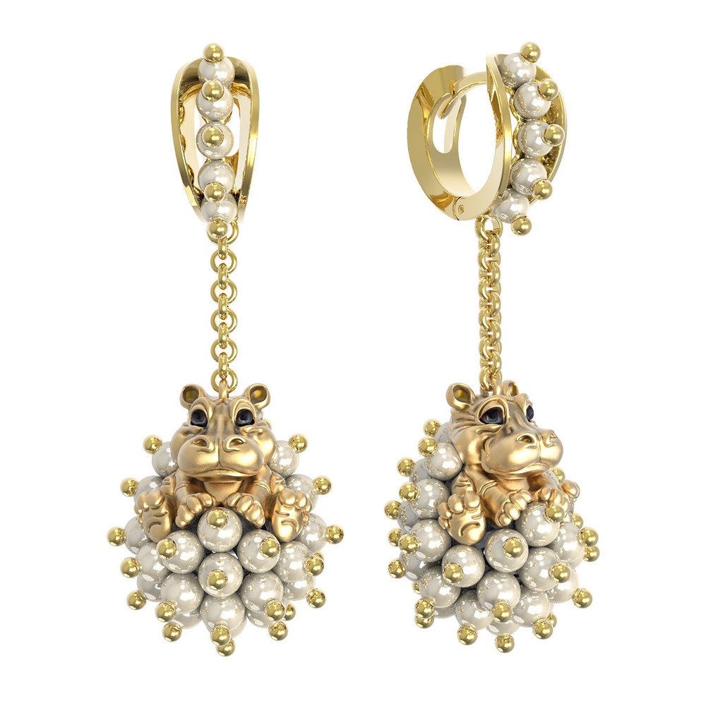 Серьги из лимонного золота c эмаль и жемчугом