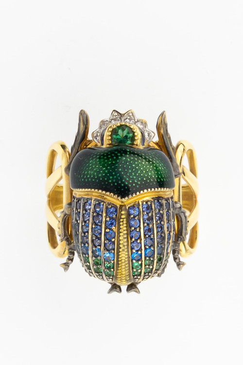 Кольцо из лимонного золота c эмаль , фианитом и турмалином