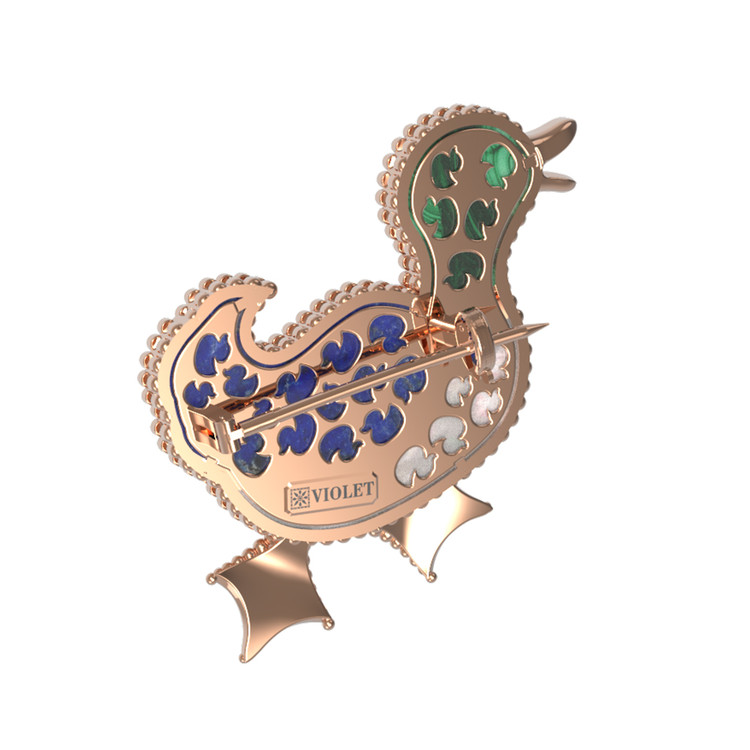 Брошь из золота c эмаль , лазуритом, малахитом и перламутром