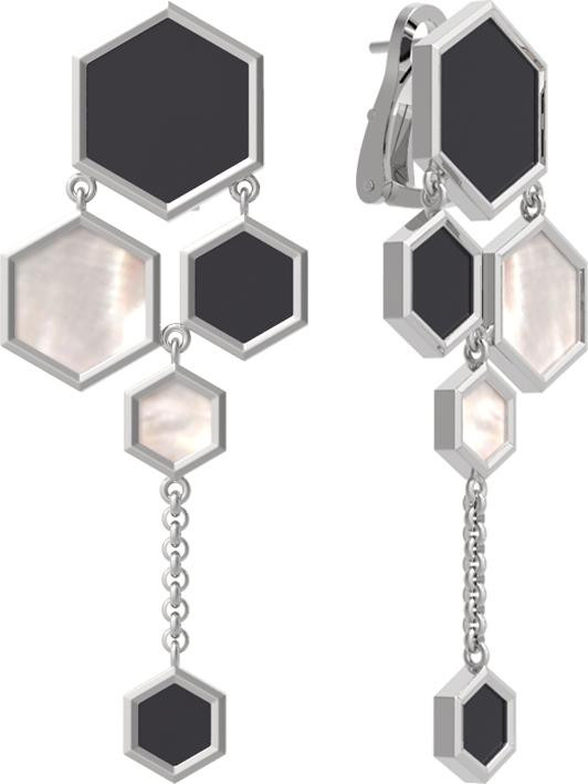 Серьги из белого золота c ониксом и перламутром