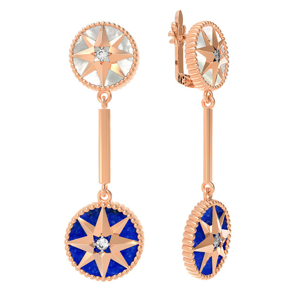 Серьги из золота c фианитом, лазуритом и перламутром