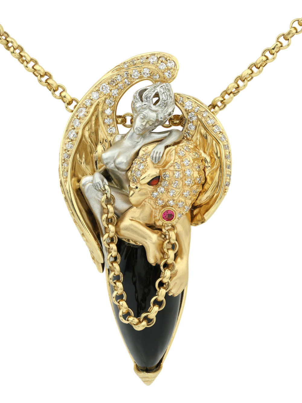 Колье из лимонного золота c эмаль , бриллиантами, рубином, ониксом и рубином