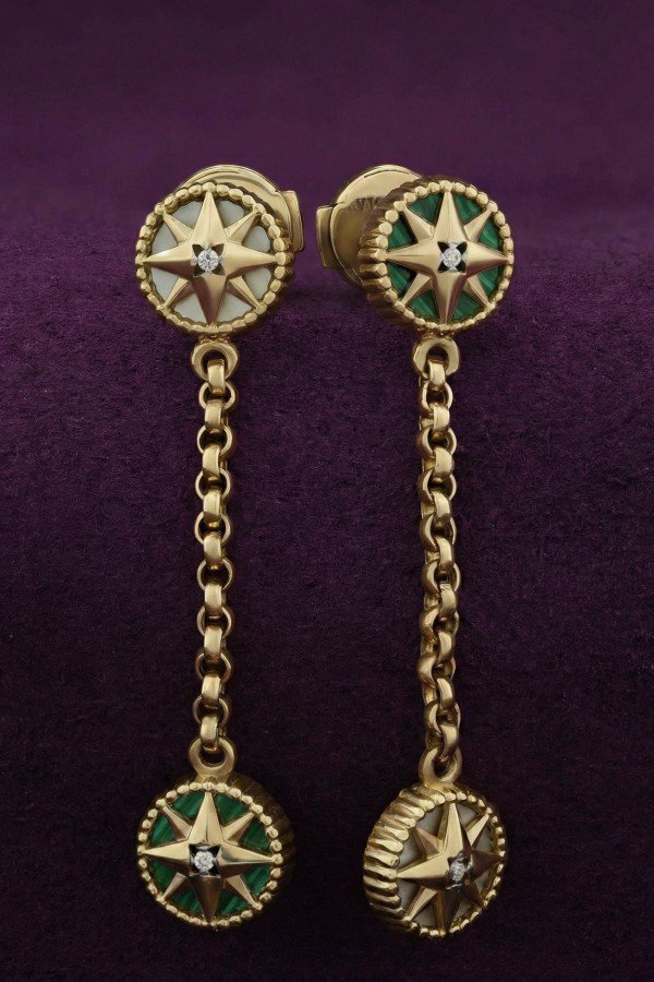 Серьги из лимонного золота c бриллиантами, малахитом и перламутром