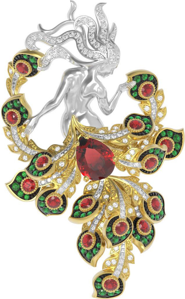 Брошь из лимонного золота c фианитом и гранатом