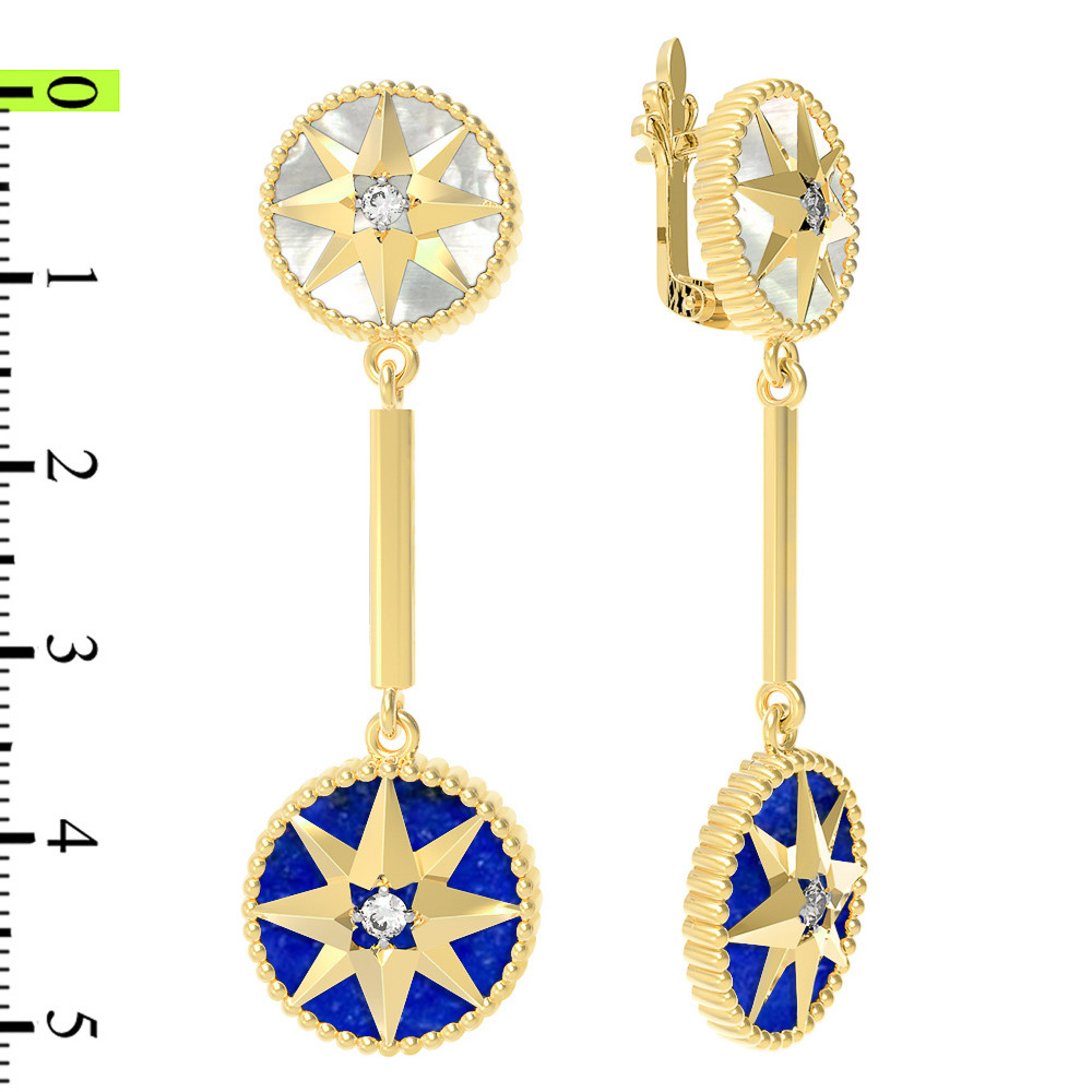 Серьги из лимонного золота c фианитом, лазуритом и перламутром