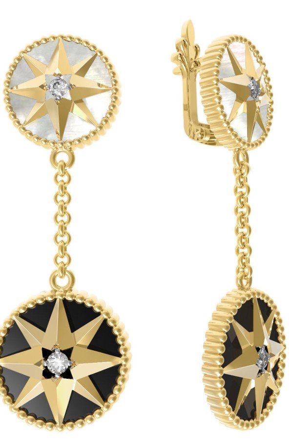 Серьги из лимонного золота c фианитом, ониксом и перламутром