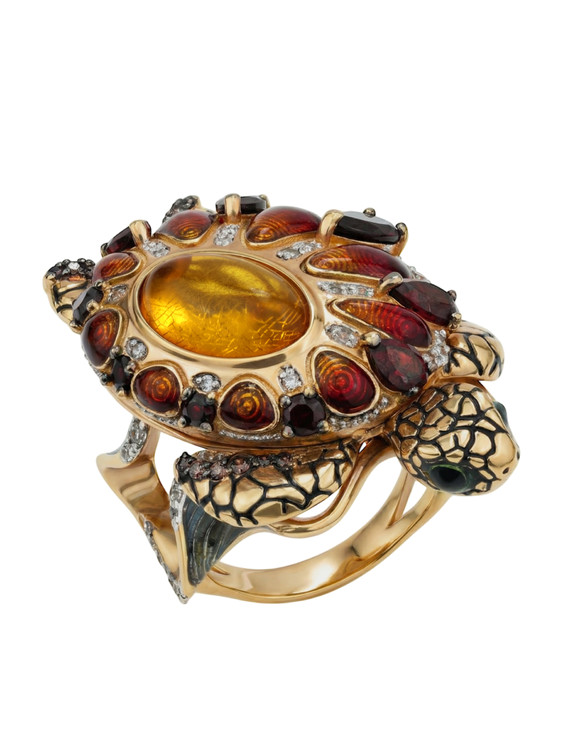 Кольцо из золота c эмаль , фианитом, гранатом и янтарём