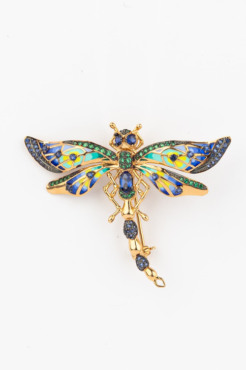 Брошь из золота c фианитом, сапфиром и эмалью