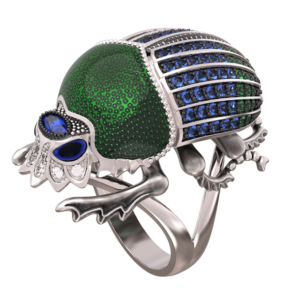 Кольцо из белого золота c эмаль , фианитом и сапфиром