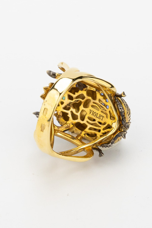 Кольцо из лимонного золота c эмаль , фианитом и турмалином